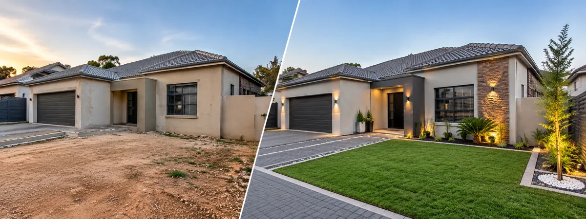 A front garden transformed with a new lawn, paved paths, planted beds, a stone feature wall and garden lighting.